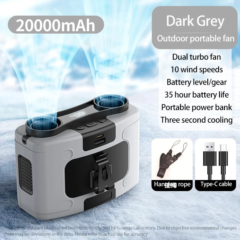 10000mAh Outdoor Portable Waist Fan Hanging Neck Fan Strong Wind with Power Bank LED Lighting for Sports Courier Outdoor Working