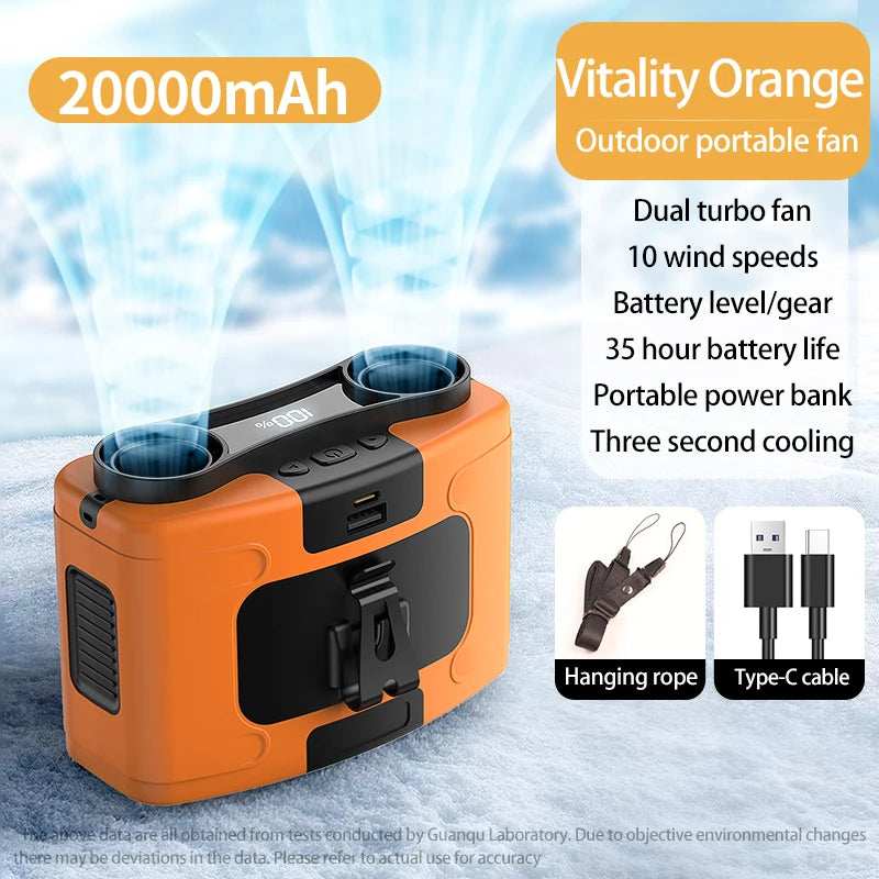 10000mAh Outdoor Portable Waist Fan Hanging Neck Fan Strong Wind with Power Bank LED Lighting for Sports Courier Outdoor Working