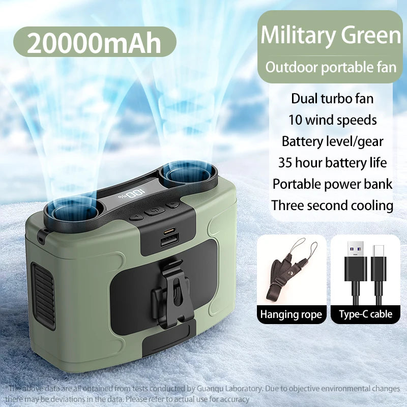 10000mAh Outdoor Portable Waist Fan Hanging Neck Fan Strong Wind with Power Bank LED Lighting for Sports Courier Outdoor Working