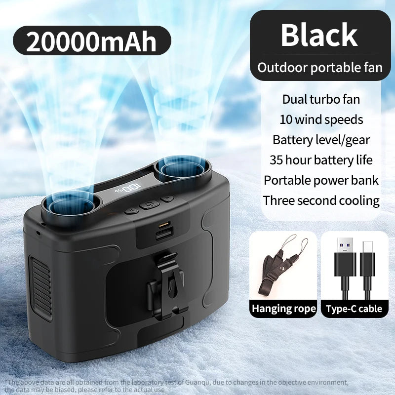 10000mAh Outdoor Portable Waist Fan Hanging Neck Fan Strong Wind with Power Bank LED Lighting for Sports Courier Outdoor Working